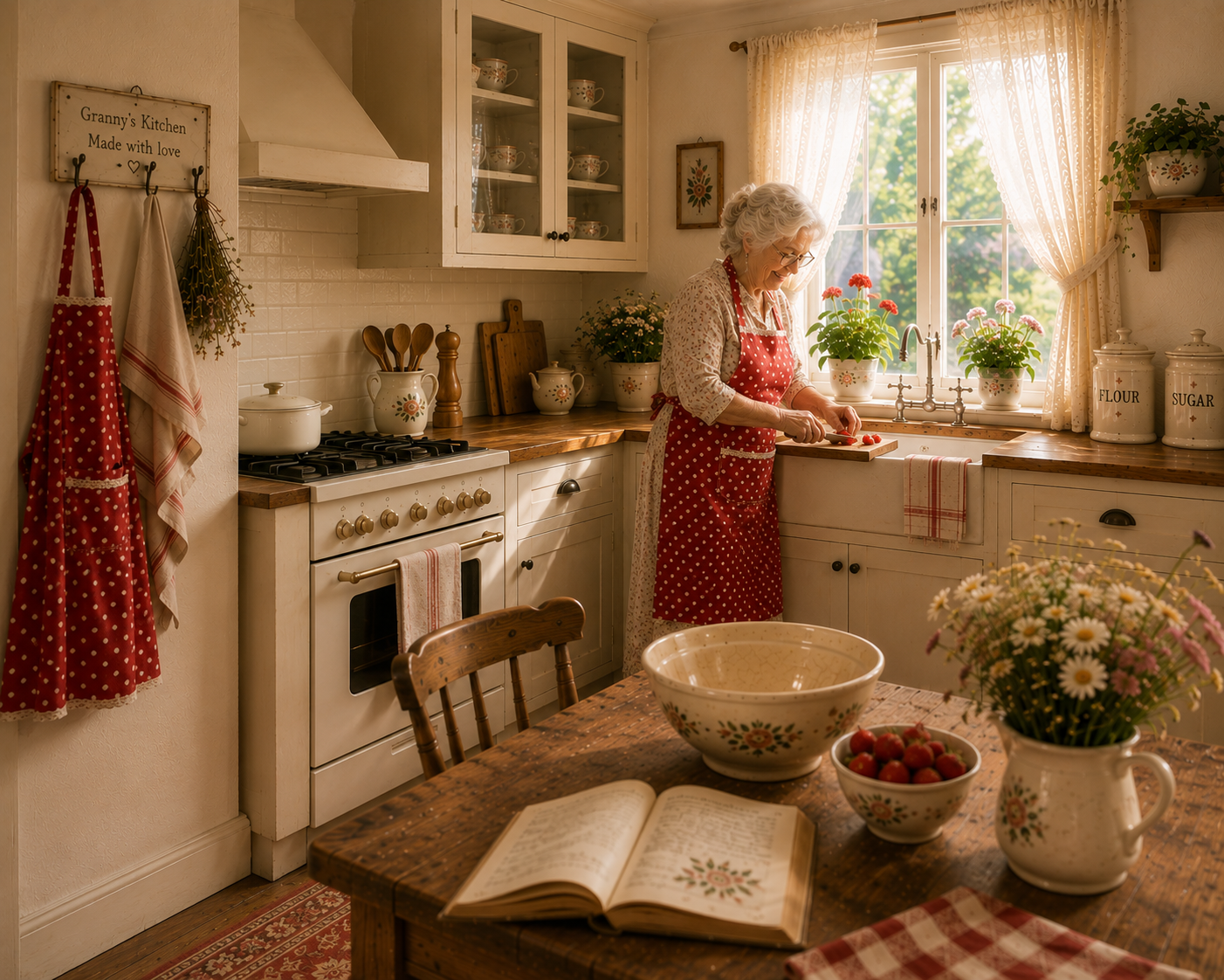 Granny at work in her kitchen with her old recipe book on the table